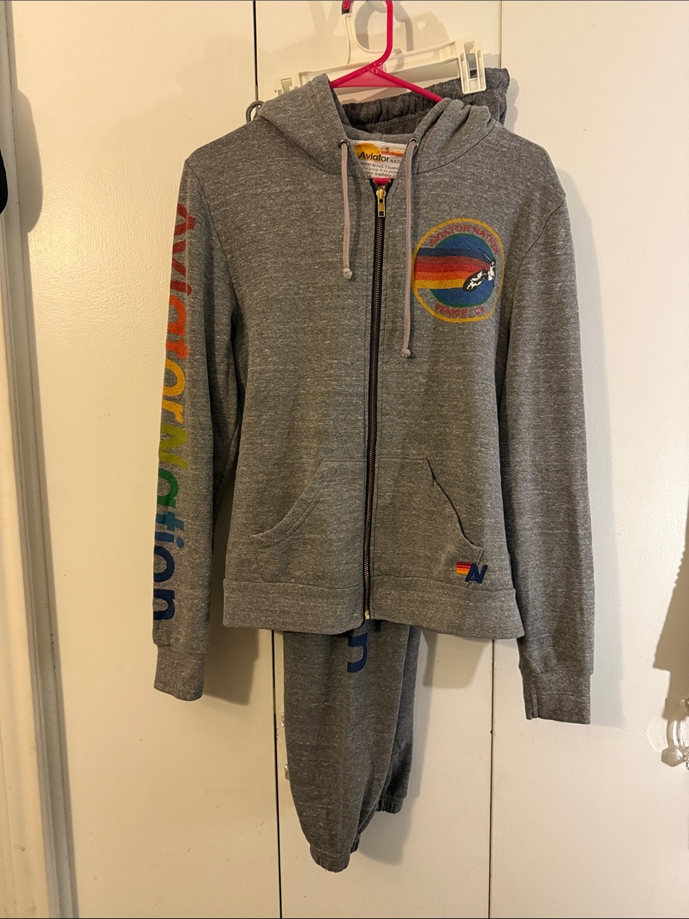 Aviator Nation Gray Sweatpants & Hoodie Set with Rainbow Accents